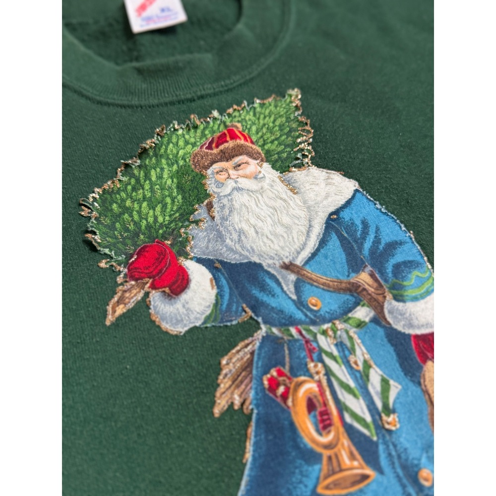Vintage Jerzees Christmas Santa Sweatshirt XL Green 90'e USA embroidered sweater - Picture 3 of 7